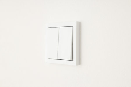 Clean white light switch is affixed to a smooth wall