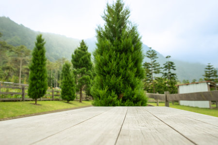 Wooden table in focus with tall green trees in a farm landscapeの写真素材