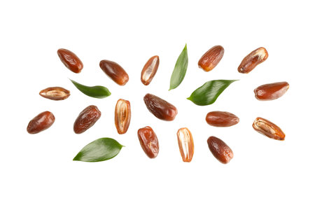 Fresh dates scattered with leaves, isolated, PNG