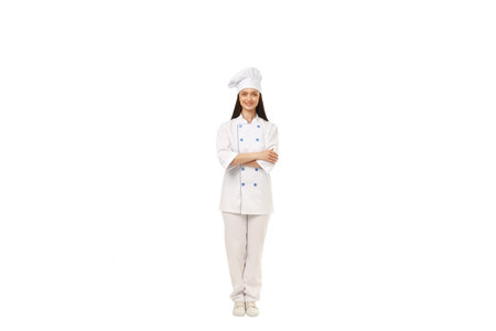 Cheerful female chef in white, arms crossed, isolated on white, PNGの写真素材