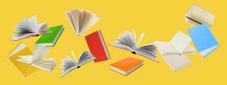 Various books are open and closed on a yellow background