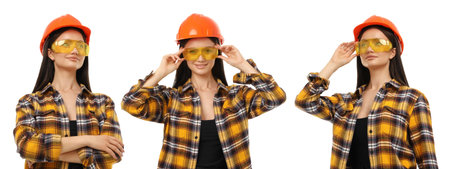 Set, Woman in safety glasses and hard hat poses, PNGの写真素材