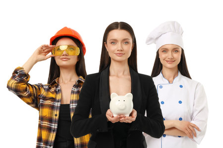 Young woman shows three job looks with piggy bank, PNGの写真素材