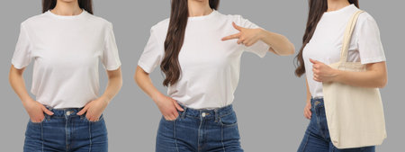 Model in casual wear, bag in hand, hands on hipsの写真素材