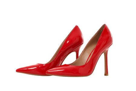 Red high heel shoes positioned on a light background, PNGの写真素材