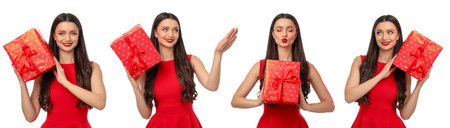 Lady in red flaunts Valentine's gifts, isolated, PNG