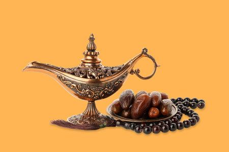 Charming Ramadan decor: lamp, dates, and prayer beads