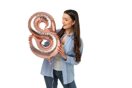 Women's Day: Young woman with balloon, isolated, PNG