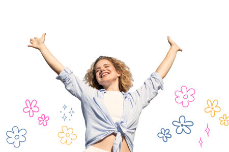 Model enjoys flowers in a bright setting, isolated, PNGの写真素材