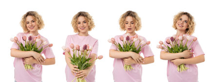 Girl poses with tulips for Women's Day, isolated, PNGの写真素材