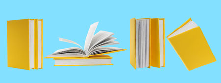 Yellow books with blank pages on blue background
