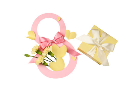 Decorative pink 8 made with hearts, flowers, and a gift, isolated, PNG