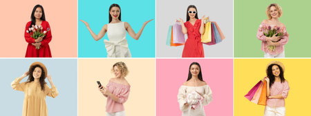 Women showcase spring fashion and enthusiasm for Womens Dayの写真素材