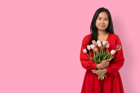 Young woman holds flowers in a colorful setting for celebrationの写真素材