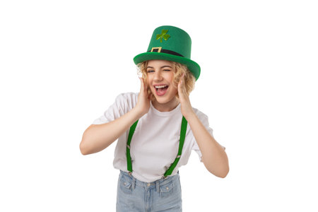 Young woman smiling and posing in green leprechaun hat, isolated, PNG
