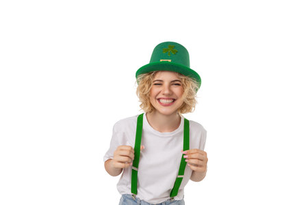 Woman smiling and dressed in festive green attire, isolated, PNG