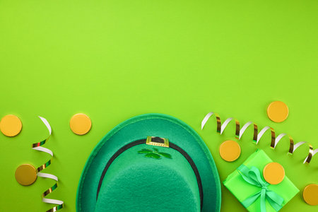 Green hat with a shamrock beside gold coins and a wrapped gift