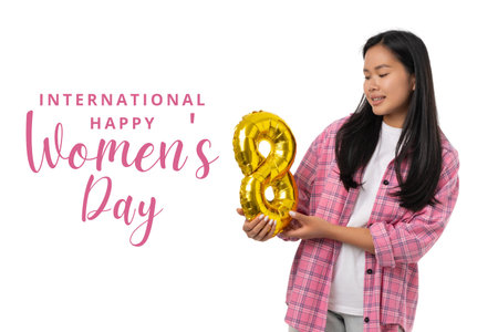 Young woman holds a balloon number 8 for Women's Day