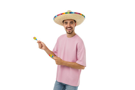 Man dances with maracas and wears a sombrero, isolated, PNGの写真素材