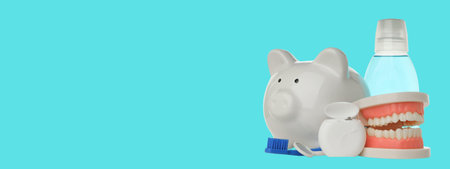 Dental tools and piggy bank show savings on tooth care products