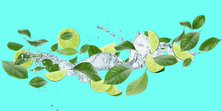 Water splashes around fresh lime slices and green leavesの写真素材