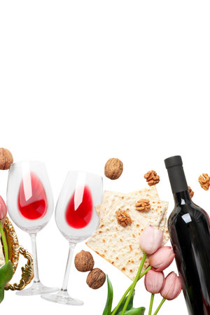 Passover features wine, matzah, and flowers, isolated