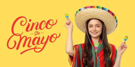 Cinco de Mayo, Young woman with sombrero and maracas celebrates