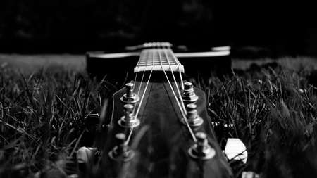 Black and white acoustic guitar on grass