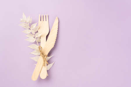 Wooden cutlery, fork and takeaway knife with a dry branch of a flower on lavender background.
