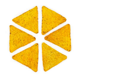 Tortilla chips on white background in the shape of a circle with place for text.の写真素材
