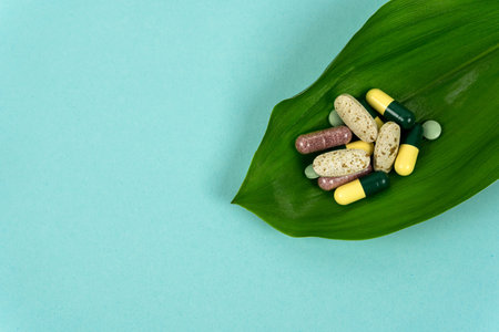 A bunch of herbal pills lie on a palm leaf. Natural medicine based on alternative treatments. Copy space on color background.の写真素材