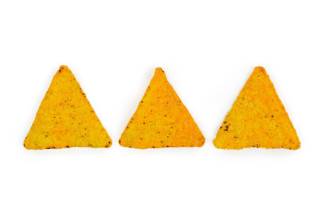 Three triangular tortillas in a row on a white background. Flat lay.の写真素材