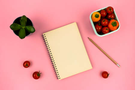The concept of a healthy snack in the workplace in the office. Notebook with pencil, home flower and container with vegetables on pink backgroundの写真素材