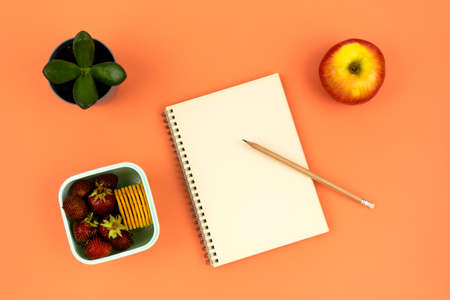 Healthy snack at the workplace in the office. Notebook with pencil, home flower and container with...