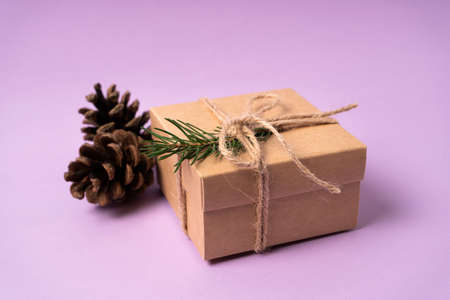 Gift craft box with Christmas decoration from fir branches in cones on a purple background. Side viewの写真素材