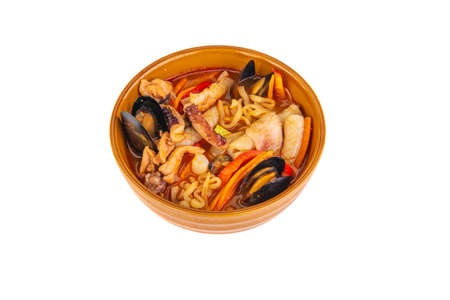 Korean seafood soup on a white backgroundの写真素材