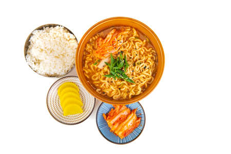 Korean noodles with kimchi on a white backgroundの写真素材