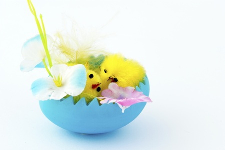 Easter card with egg, flowers and little chickenの写真素材