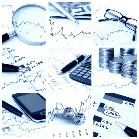 A collage of photos about finance theme - blue toneの写真素材