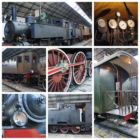 A collage of photos about old trains with steam engine locomotiveの写真素材