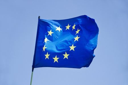 waving flag of European Union EU  against blue skyの写真素材