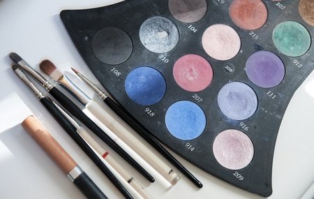 Makeup brushes and make-up eye shadowsの写真素材