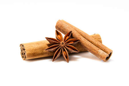 Cinnamon sticks and anise star on white backgroundの写真素材