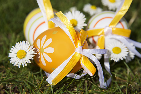 Easter eggs in the garden between daisies
