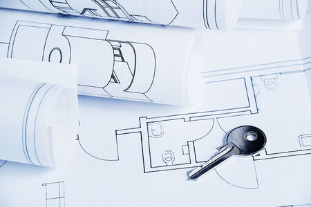 blueprint house plan with key - blue toneの写真素材