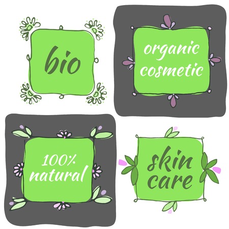 Natural cosmetic labels set. Vector set of hand drawn organic icons.のイラスト素材