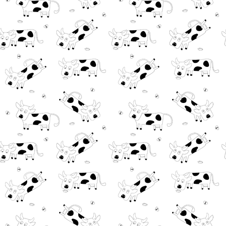 Vector patterns with fun cute cow and cow skin texture. For poster, print, wallpaper, banner. backgrounds with grazing cows and cow dotsのイラスト素材