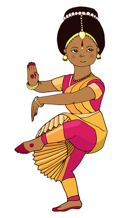 Hand-drawn dancing Indian girl. Beautiful girl dancing Indian classical dance. Illustration of Indian girl. Indian dance. little Indian dancer. Cute young Indian dancer. Indian stile.のイラスト素材