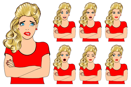 Vector set of beautiful blonde woman with different facial expressions - tears, sorrow, pain, joy, laughter, outrage, surprise, doubt, kindness, peace, serenity.のイラスト素材