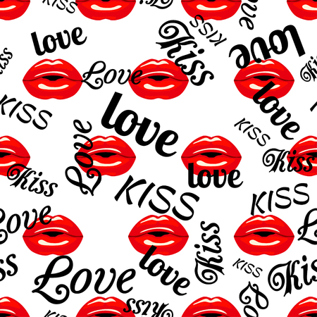Pattern with red kissing lips and type of Valentine day. seamless background with pink lips. vector illustration of woman lips. love, kiss, lips seamless pop-art patternのイラスト素材